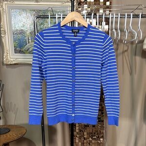 Jones New York Blue White Striped Cardigan Size Small P2P 16-19”